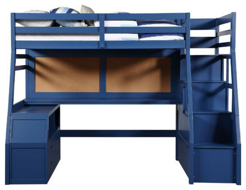Benzara BM261743 Twin Loft Bed With 9 Drawers and Inbuilt Ladder, Blue