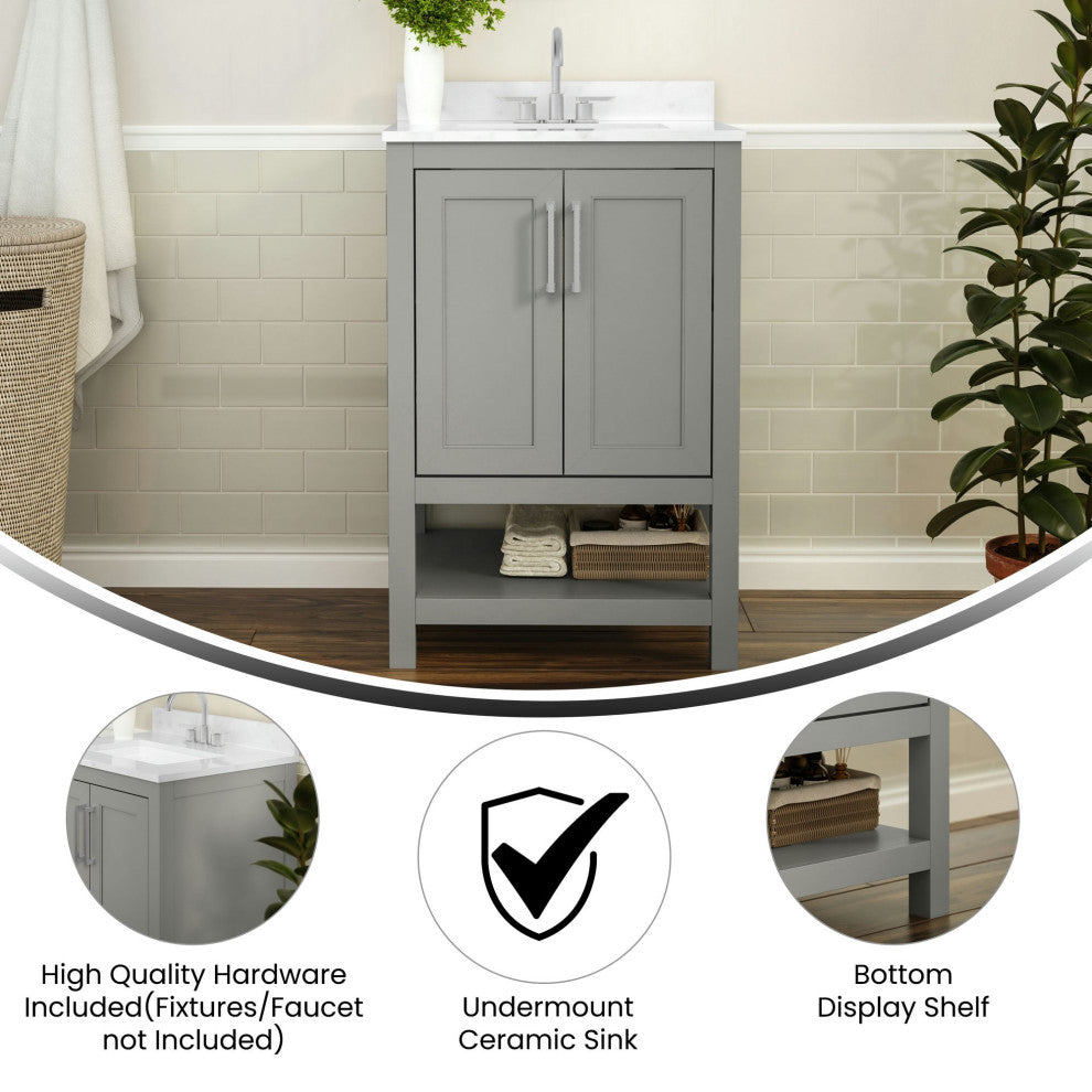 Vega Bathroom Vanity-Sink, Soft Close Doors, Carrara Marble Finish Countertop, Gray, 24 Inch