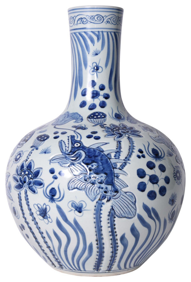 B&W Carved Fish Globular Vase
