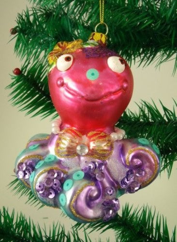 Pretty Pink and Purple Coastal Octopus Glass Christmas Holiday Tree Ornament