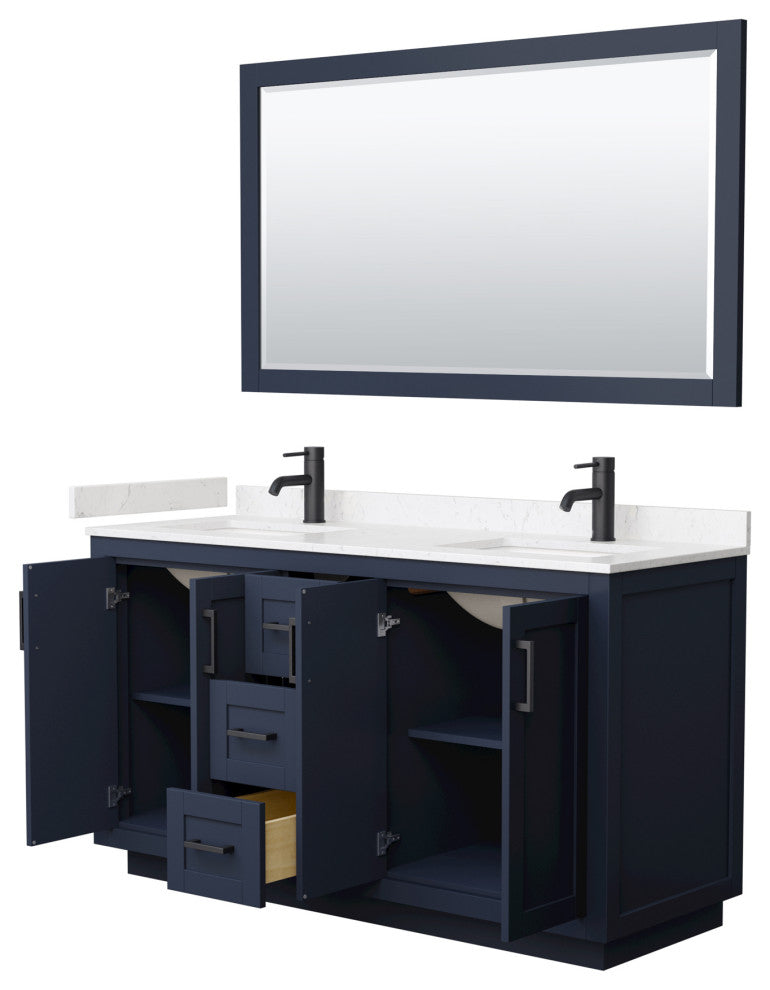60"DBL Vanity Dark Blue, LV Carrara Cult. Top, Sinks, Black Trim, 58"Mirror