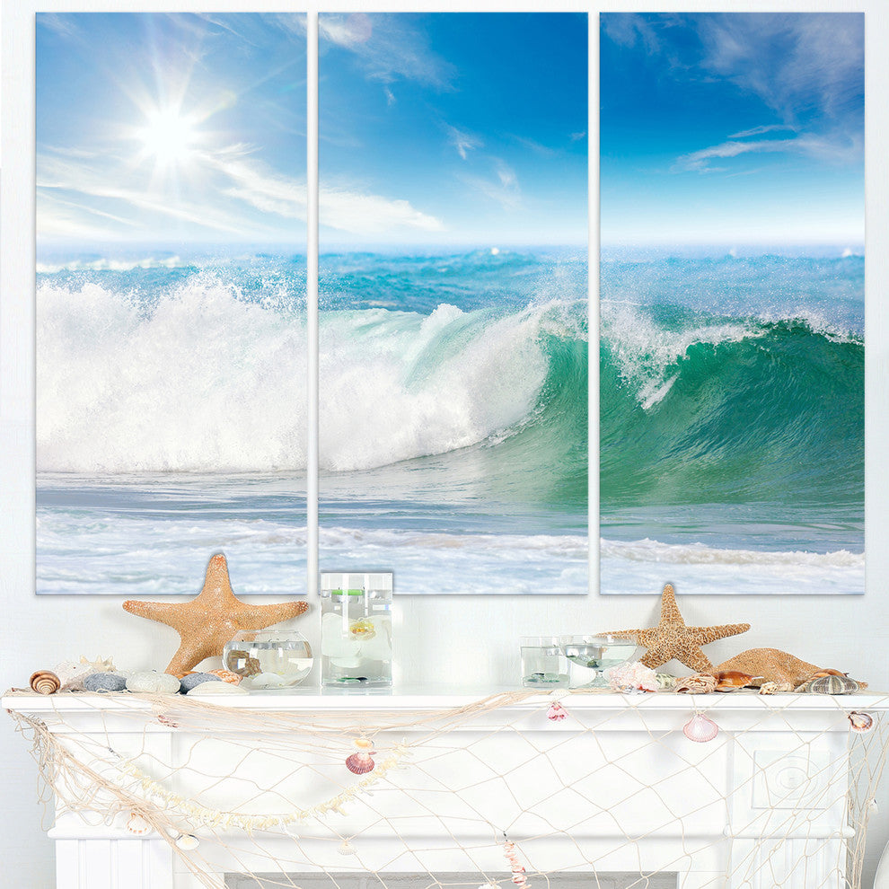 "White and Blue Waves Under Sun" Canvas Wall Art, 3 Panels, 36"x28"