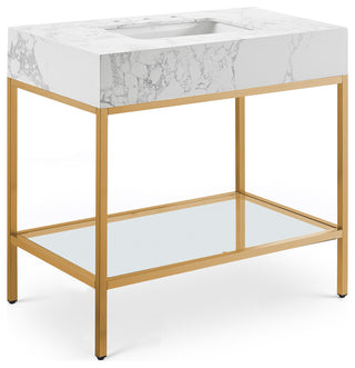 Marmo Bathroom Vanity, White, 36" Wide, Brushed Brass Finish