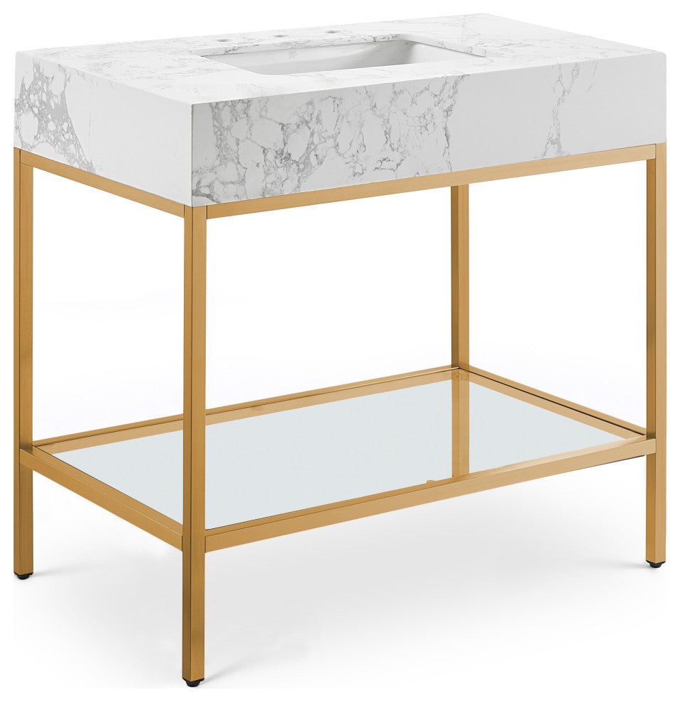 Marmo Bathroom Vanity, White, 36" Wide, Brushed Brass Finish