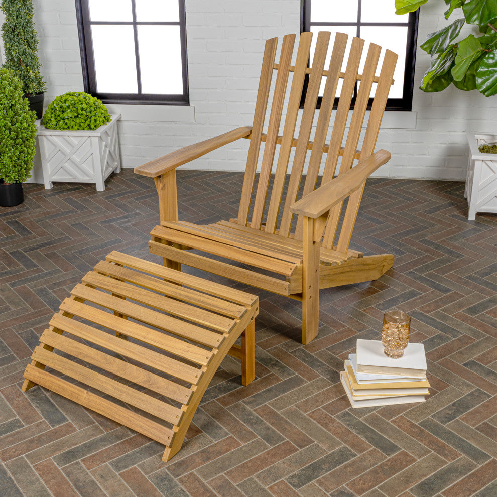 2-Piece Traditional Rustic Acacia Wood Adirondack Chair, Detachable Ottoman