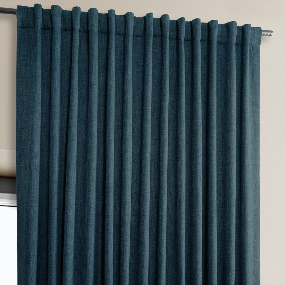 Faux Linen Extra Wide Room Darkening Curtain Single Panel, Story Blue, 100wx108l
