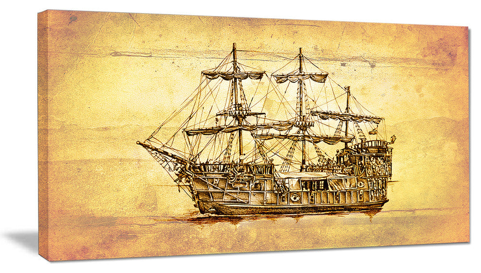 Brown Ancient Moving Boat, Seashore Wall Art on Canvas, 32"x16"