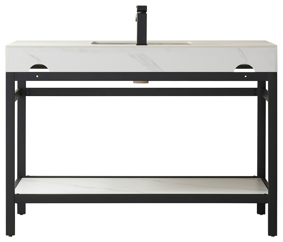 Funes Bath Vanity without Mirror, Matte Black Hardware, 48'', White Stone Top