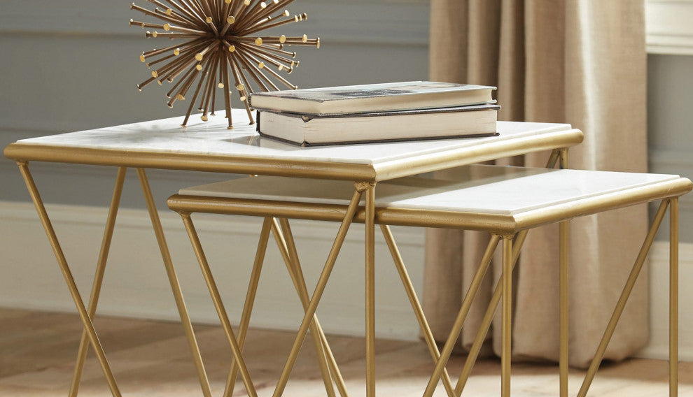 2 Piece Nesting Table Set, White And Gold