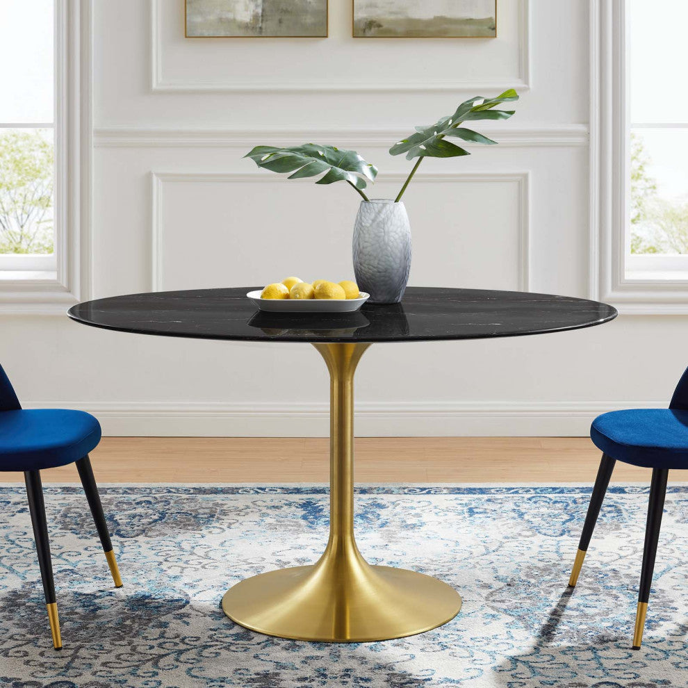 Dining Table, Oval, Artificial Marble, Metal, Gold Black, Cafe Bistro Restaurant
