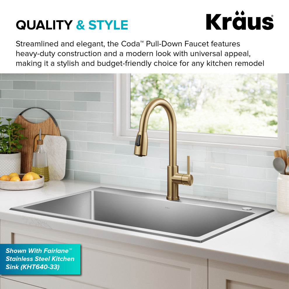 KRAUS Coda 2-Function 1-Handle Pull Down Kitchen Faucet Brushed Brass
