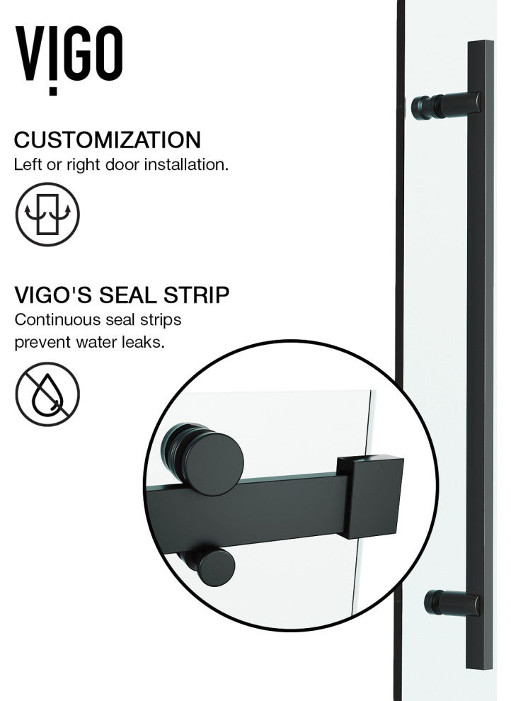 VIGO Luca 56" to 60" W x 79" H Frameless Sliding Shower Door, Matte Black, Clear Glass