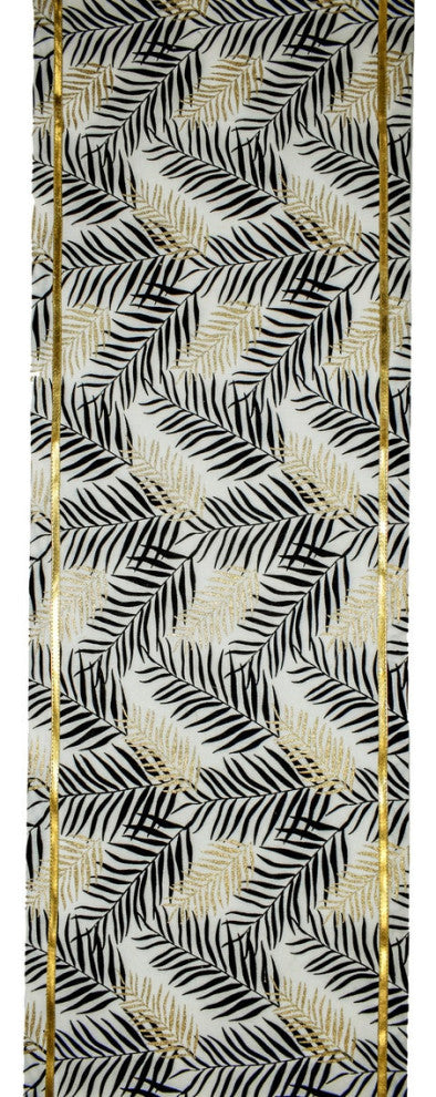 Decorative Table Runner Black Cotton 16"x120", Leaf, Gold Glitter Tassels- Panra