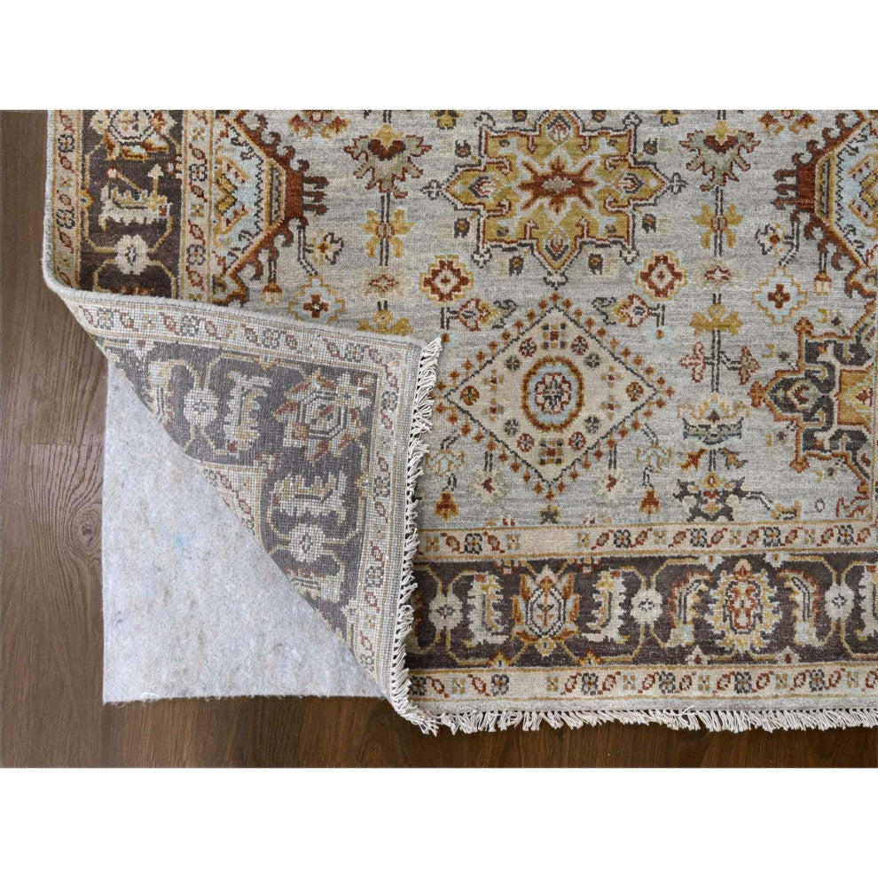 Goose Gray Karajeh Design Pure Wool Hand Knotted Wide Runner Rug 4'2"x9'10"