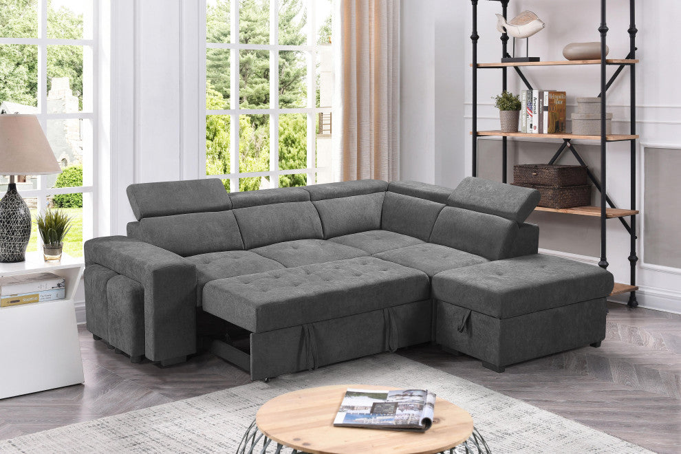 Henrik Gray Sleeper Sectional Sofa With Storage Ottoman and 2 Stools, Light Gray