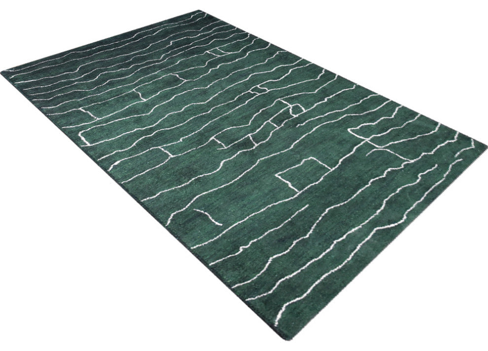 HAND KNOTTED LOOM SILK AREA RUGS-5'x8',Rectangle,Dark Green White,Contemporary