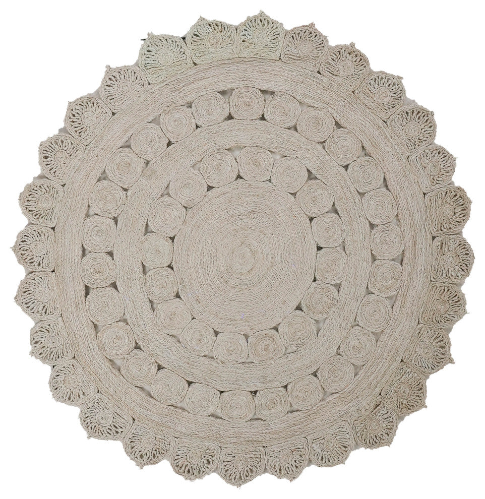 HAND WOVEN JUTE ECO-FRIENDLY AREA RUGS  - Round, White, Oriental, Indoor Outdoor, [Round] 6'7''x6'7''