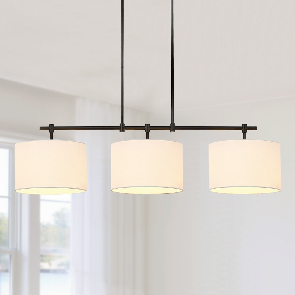 41'' W 3-Light Black Kitchen Island Chandelier With White Drum Shades