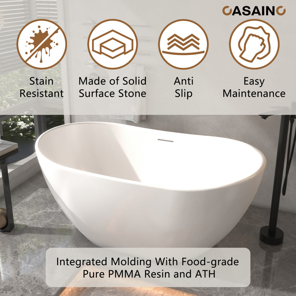 Solid Surface Stone Freestanding Tub Soak in Style with Matte White Finish, 57in