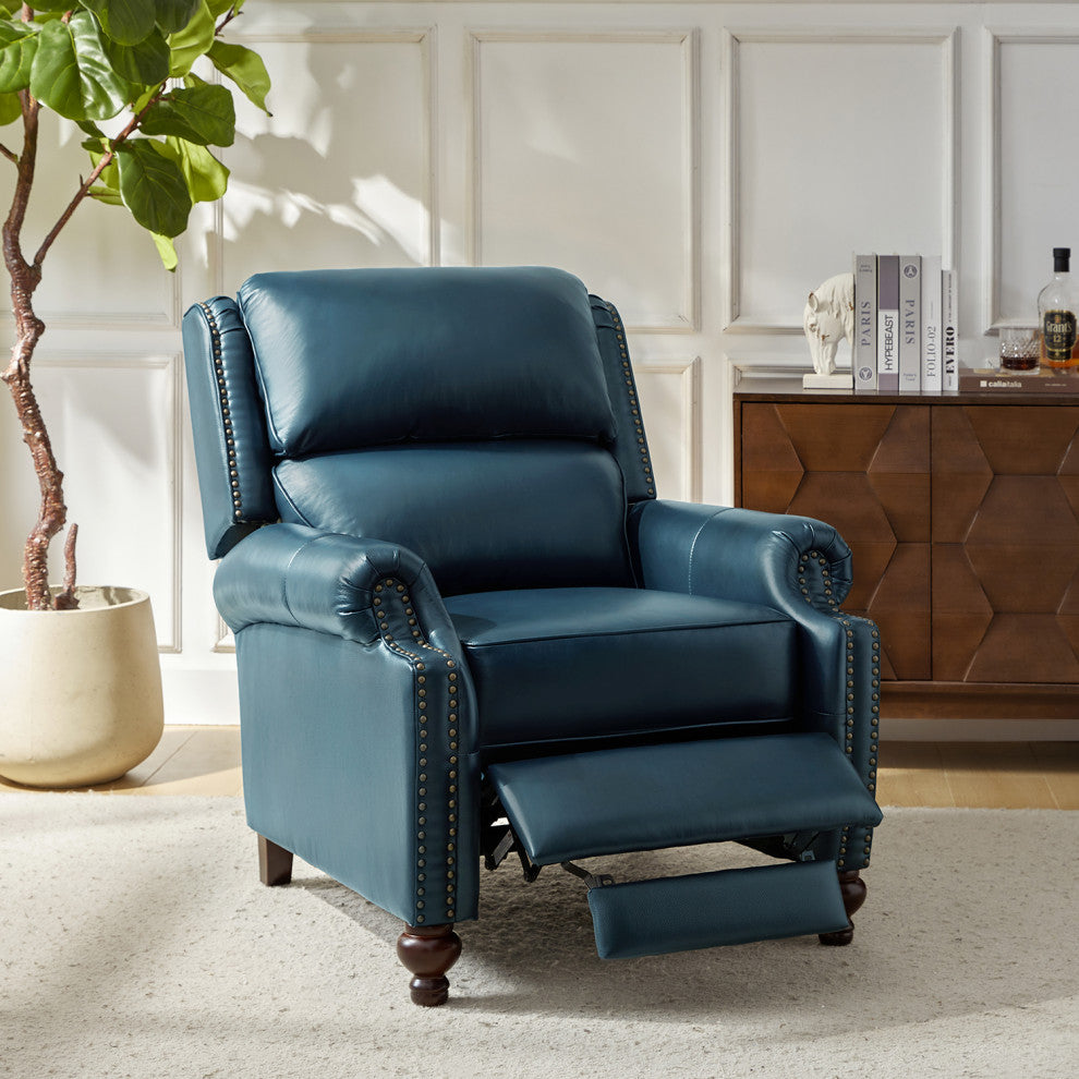 Genuine Leather Cigar Recliner With Nail Head Trim, Turquoise