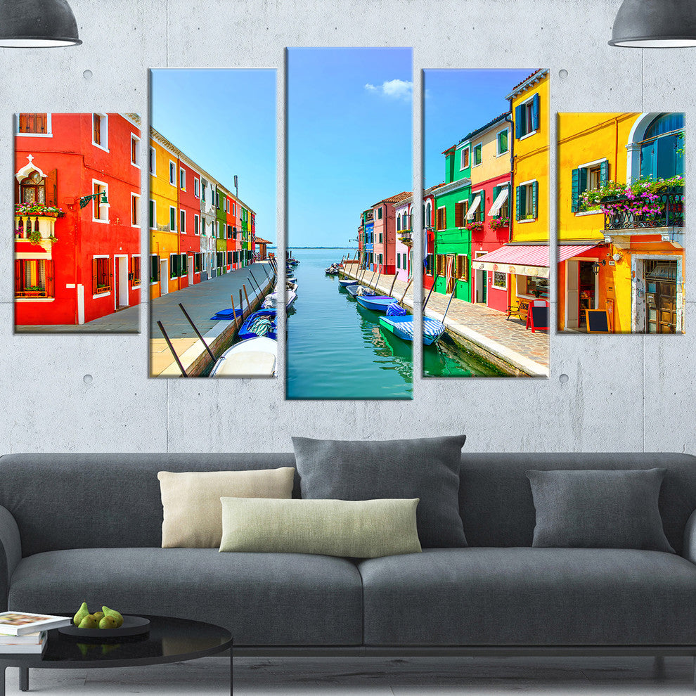 Colorful Burano Island Canal Venice, Landscape Canvas Art, 60"x32", 5 Panels