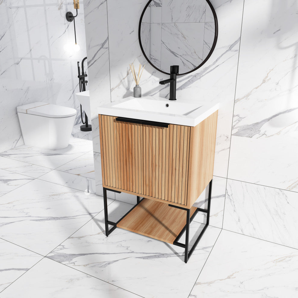 Plywood Freestanding Bathroom Vanity Set with White Ceramic Sink , Maple, 24