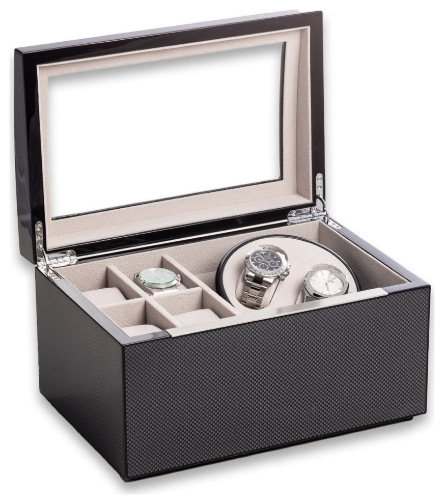 Lacquered Carbon Fiber Finish 2 Watch Winder, Storage for 4 Watches