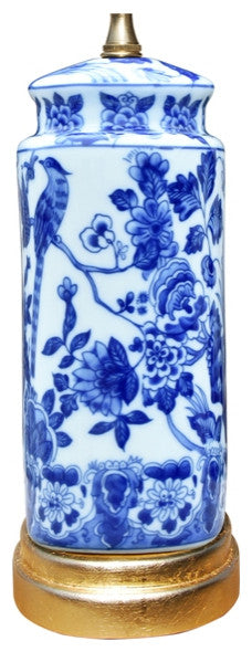 Blue and White Porcelain Caddy Floral Bird Motif Table Lamp, 20"