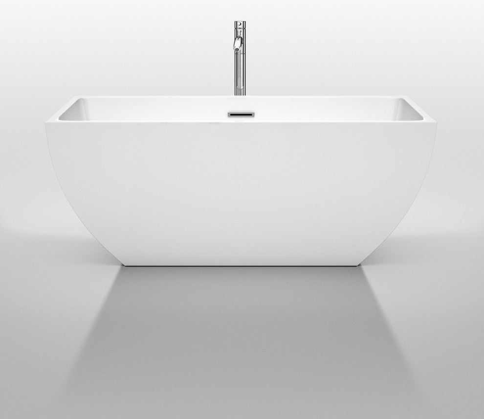 Rachel 59" Freestanding White Bathtub, Polished Chrome Drain and Overflow Trim