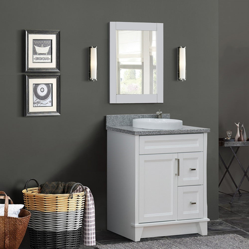 31" Single Sink Vanity, White Finish With Gray Granite With Round Sink