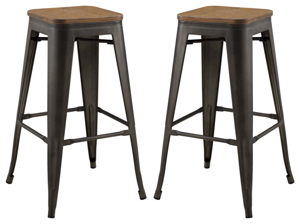 Bar Stool Chair Barstool, Set of 2, Wood, Metal, Brown, Modern, Bar Pub Bistro