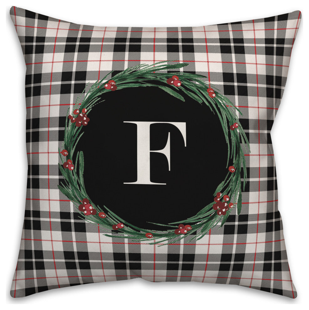 Black Plaid Monogram Wreath F 18x18 Spun Poly Pillow