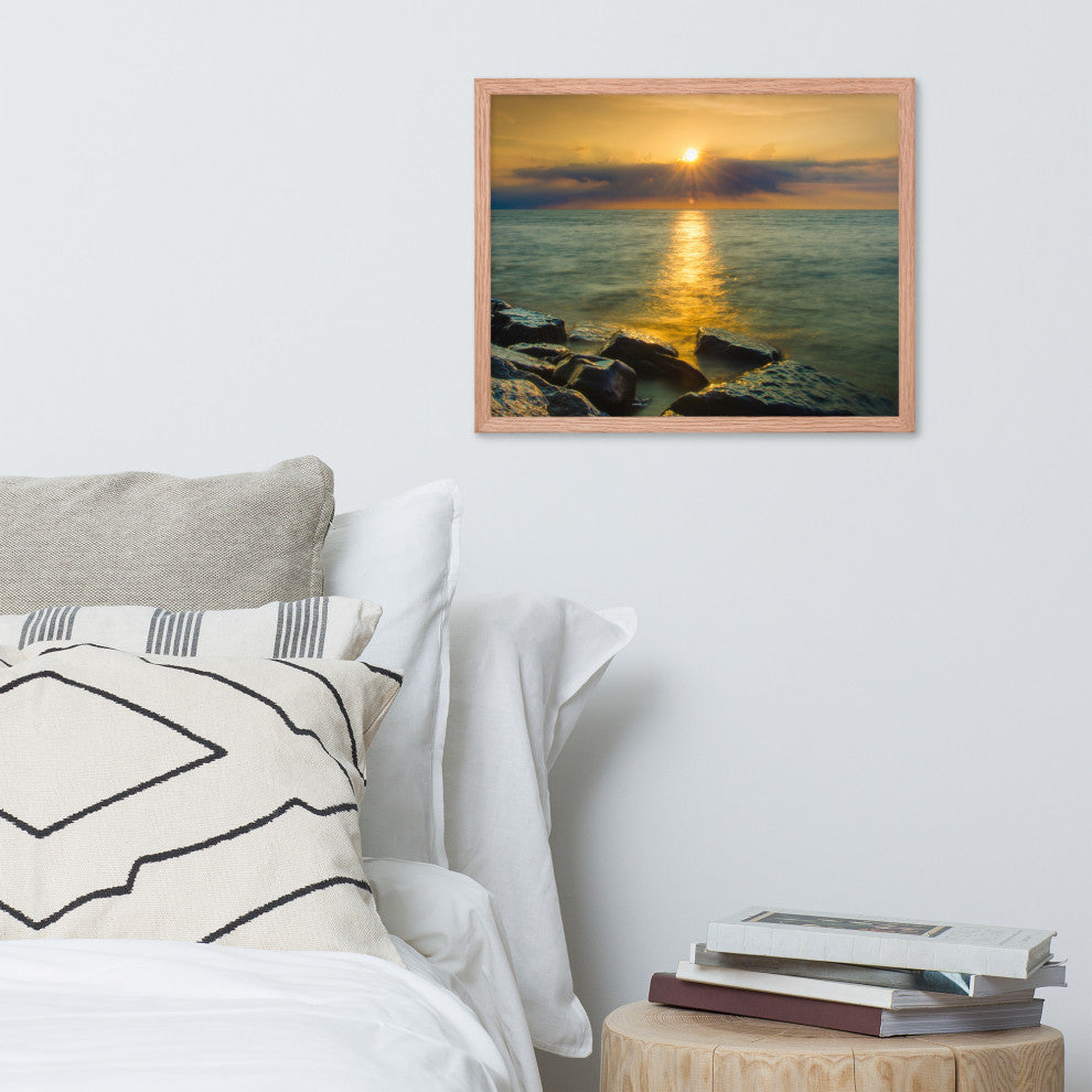 Sun Ray on the Water Coastal Landscape Framed Photo Paper Wall Art Print, Red Oak, 16" X 20"