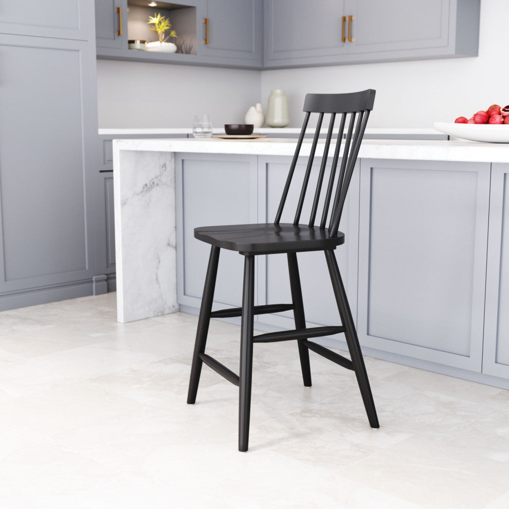 Counter Stool Chair, Set of 2, Wood, Black, Mid Century Bar Kitchen Cafe Bistro