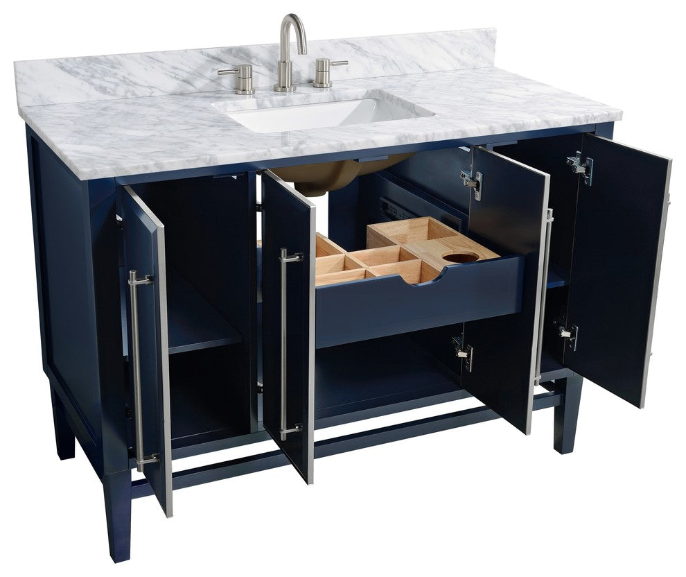 Mason 49" Vanity Combo, Navy Blue, Brushed Silver / Natural 1" Carrara White Marble Countertop and Backsplash