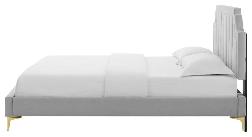 Platform Bed Frame, Twin Size, Velvet, Light Grey Gray, Modern Contemporary