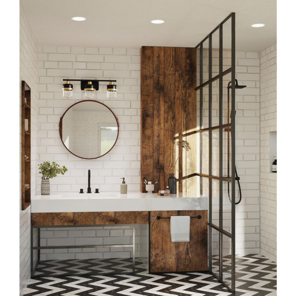 Beckner 3-Light Matte Black Clear Glass Bath Light With Vintage Brass Accents