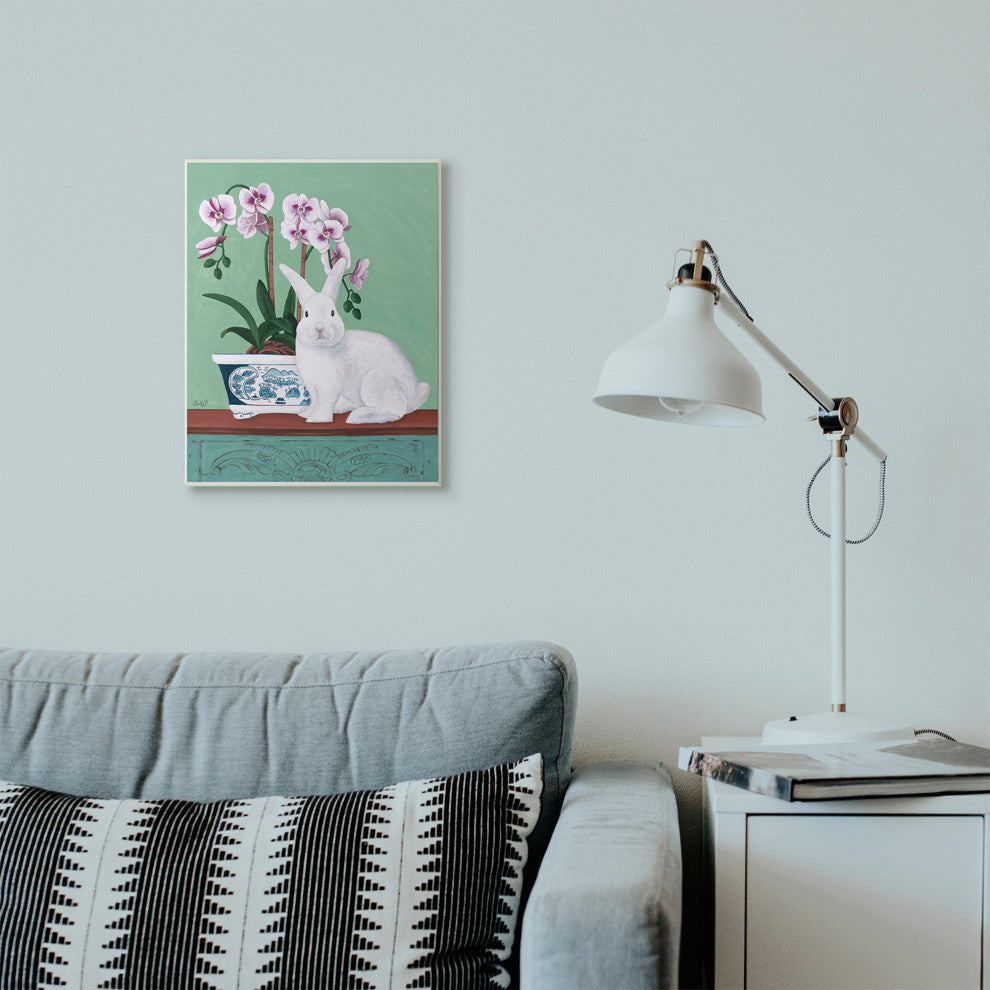 Rabbit and Flowers Pink Green Animal Painting, 13"x19"