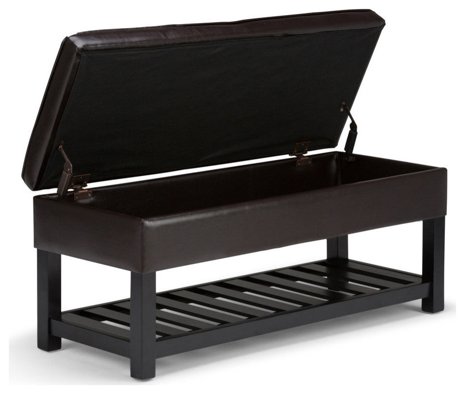 Cosmopolitan Storage Ottoman Bench With Open Bottom, Tanners Brown Faux Leather