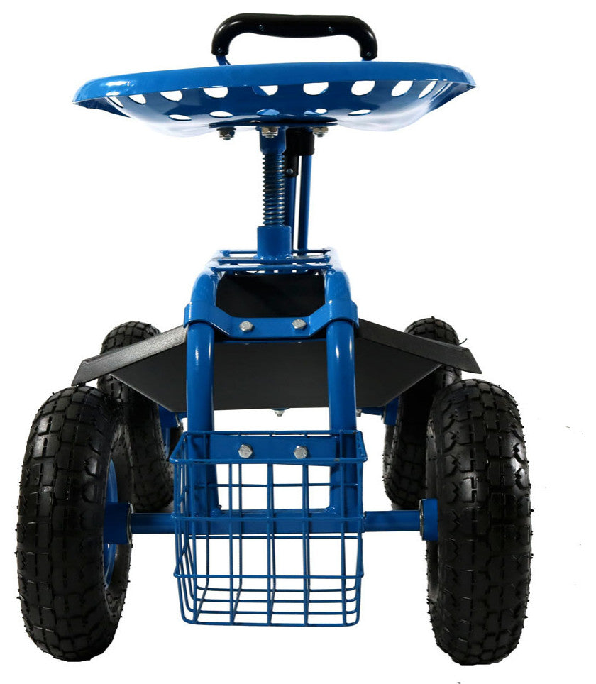Sunnydaze Rolling Garden Cart With Steering Handle, Seat and Basket, Blue
