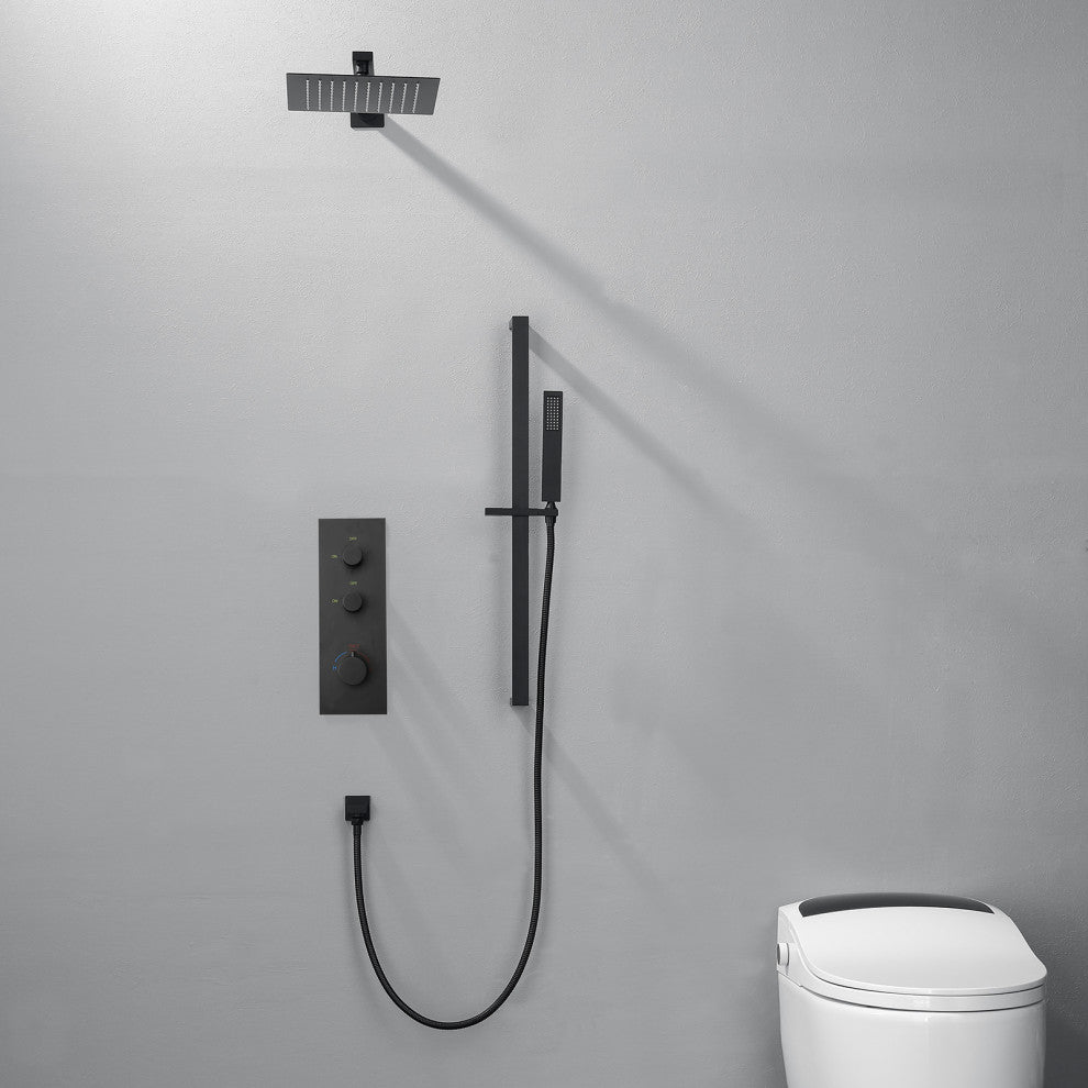 Thermostatic Rain Shower System with Hand Shower-Includes Rough-in Valve, Matte Black
