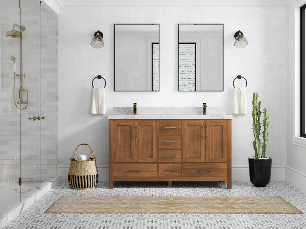 Malibu Teak 60 Double Sink Bathroom Vanity in Golden Teak 2" Calacatta Nuvo