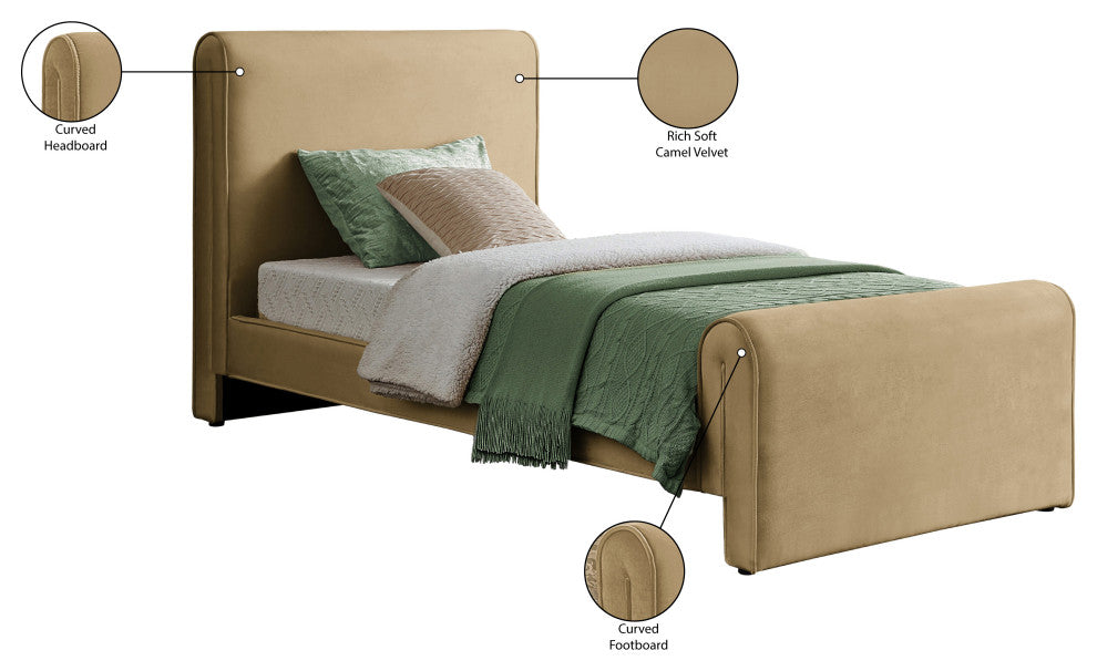 Sloan Black Velvet Full Bed, Camel, Twin