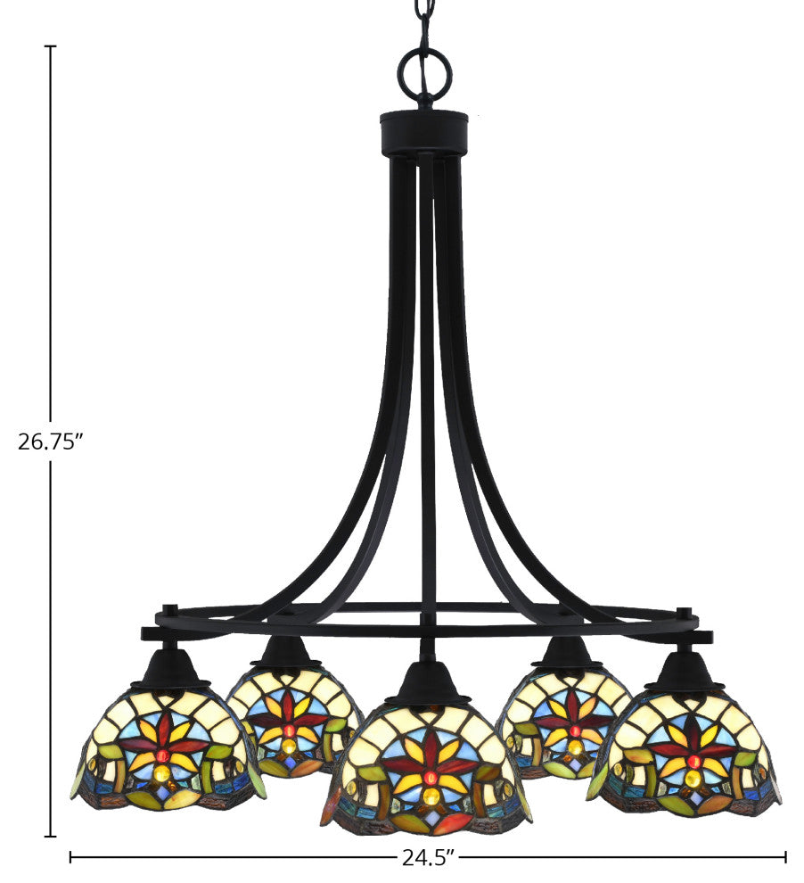 Paramount 5-Light Chandelier, Matte Black, 7" Earth Star Art Glass