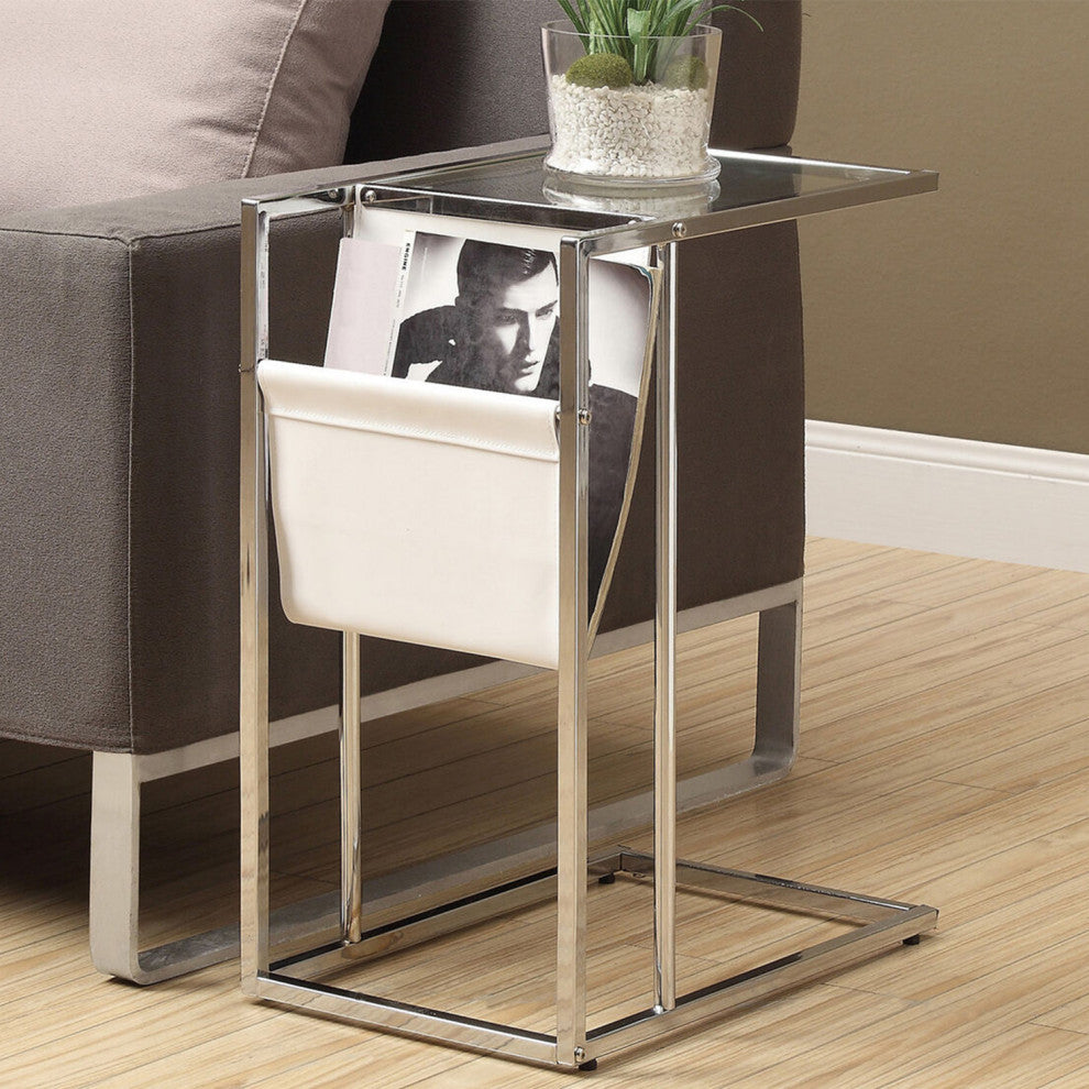 HomeRoots 19.5" x 12" x 24" Chrome Tempered Glass Leather Look Accent Table