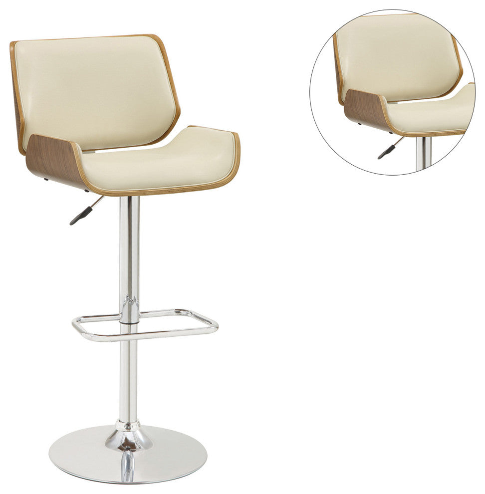 Faux Leather Adjustable Height Bar Stool, Ecru and Chrome