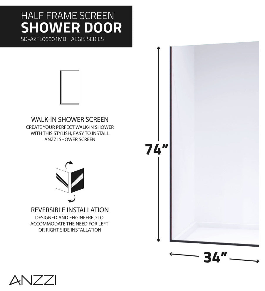 Veil Series 74"x34" Framed Frosted Glass Shower Screen Shower Door, Matte Black