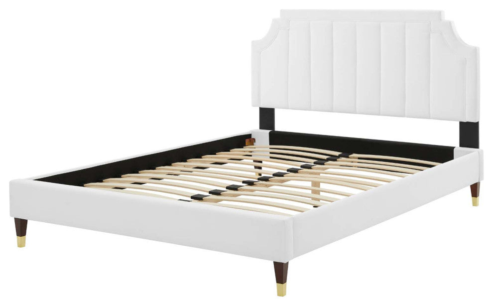 Platform Bed Frame, King Size, Velvet, White, Modern Contemporary, Bedroom
