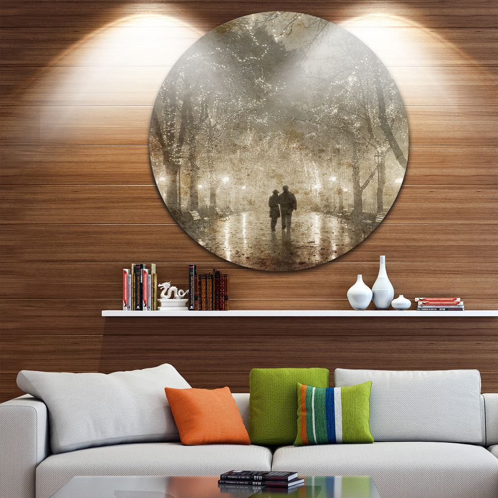 Couple Walking In Night Lights, Landscape Photo Disc Metal Artwork, 36"