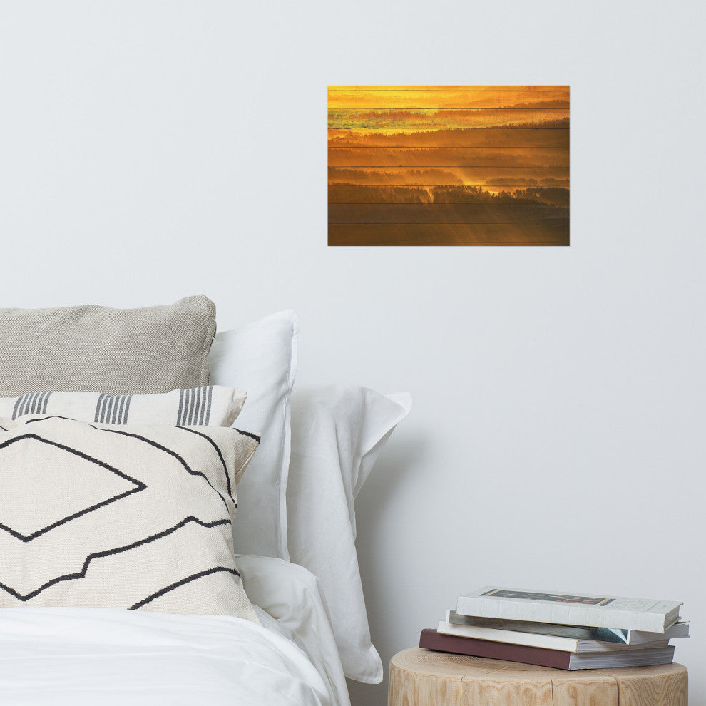 Faux Wood Golden Mist Valley - Hills & Mountain Range Wall Art Prints, 12" X 18"